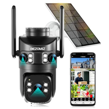 4K Caméra Surveillance WiFi Extérieure à triple objectif,2.4/5G WIFI,360° PTZ Camera Solaire,12MP Détection Humaine,avec Batteri