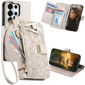 Ysnzaq Coque pour Samsung Galaxy S26 Ultra avec Porte Carte,avec Motif de Fleur et Feuilles en Relief,Cuir Rabat Folio Pochette