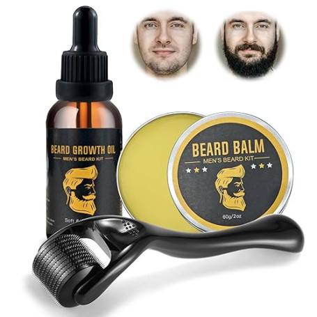 Kit Pousse Barbe avec Roller 0,25 mm,30ml Huiles de Croissance de Barbe,30g Baume à Barbe, la Croissance de la Barbe,Kit Barbe H