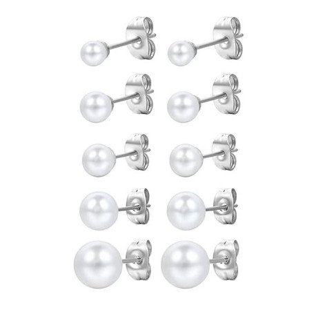 Boucles d'Oreilles en Perles d'Argent 925 5 Paires Blanches d'Eau Douce pour Femmes