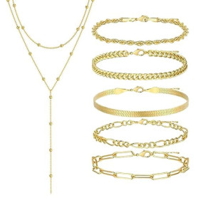 FENQURO 6 Pcs Chaîne longue en Y pour femmes-Collier multi-rangs en acier inoxydable, Bracelet, Bijoux pour femmes, Chaîne longu