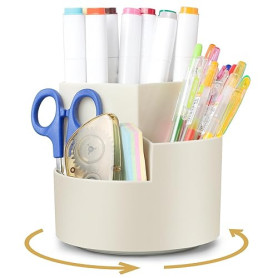 AiQInu Rotatif Pot a Crayon, Porte Organiseur Bureau, Porte-Stylos Pivotant à 360 Degrés avec 3 Compartiments, Rangement Stylo d