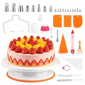 AEVORA Lot d'accessoires de gâteau (61 pièces) Plateau à gâteau rotatif avec douilles en acier inoxydable, poche à douille, spat