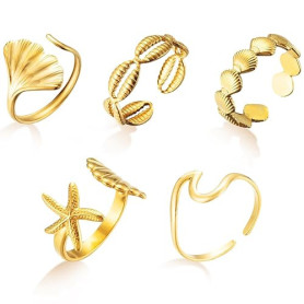 DIELOVEHUA 5 Pièces Bague Acier Inoxydable Femme, Bague Coquillage Etoile de Mer, Bagues Réglables Empilables en Or, Minimaliste