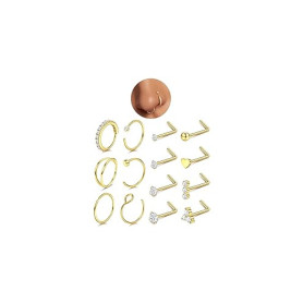 CASSIECA 14Pcs 20G Piercing Nez Acier Chirurgical Piercing Nez en Forme de L avec Zircone Piercing Anneau Nez Faux Piercing pour