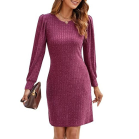 Wantonfy Robe Femmes Robe Pull d'hiver à Manches Longues pour Femme Couleur Unie Élégant Col Rond Robe