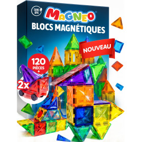 Magneo® Blocs Magnétiques 120 Pièces (2 Voitures) – Construction Enfant dès 3 Ans – Jeu Créatif avec Magnetic Tiles – Blocs Aima