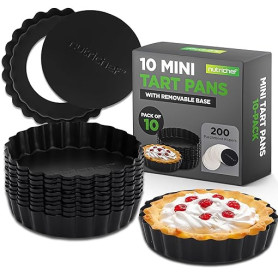 Nutrichef Set de 10 Moules Mini‑tartes 10 cm – Antiadhésifs, Base Amovible, Acier Haute Résistance, Lave‑Vaisselle, 200 Caissett