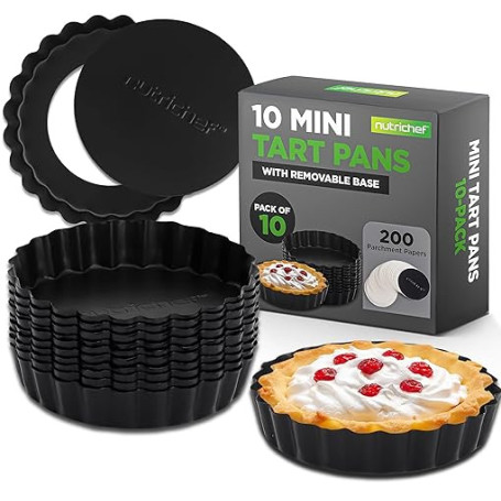 Nutrichef Set de 10 Moules Mini‑tartes 10 cm – Antiadhésifs, Base Amovible, Acier Haute Résistance, Lave‑Vaisselle, 200 Caissett