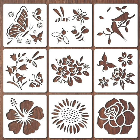 RUGBOL Lot de 9 Pochoirs Fleurs pour Peinture, Modèles d'art Réutilisables pour Artisanat DIY, Scrapbooking et Dessin sur Mur
