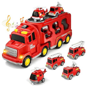 Dcceeo Camion Pompier Jouet, Camion de Pompiers 5 en 1 pour Enfants Jouet de Camion Pompier avec 4 Véhicules de Pompiers, Sons e