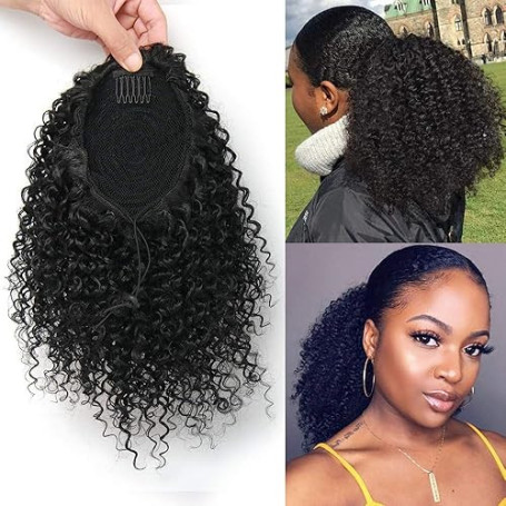 Extension de queue de cheval afro - américaine bouclée cheveux courts en queue de cheval afro - américaine (1B, 12 Inch)