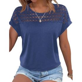 Zeagoo T-shirt d'été en dentelle pour femme - Col rond - Basique - Manches courtes - Élégant pour femme