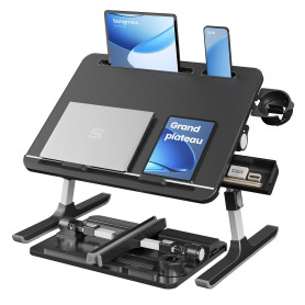 SONGMICS Table de Lit, Bureau Pliable, Plateau 56 x 40 cm, Inclinaison Continue à 120°, Hauteur Réglable, Porte-Gobelet, Support