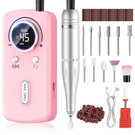 PKBD 45000RPM Professional Portable Nail Drill Machine for Gel Nails, Rechargeable Electric Nail Files Set with 11 bits and LCD