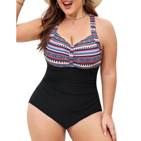 FemiChic Maillot de Bain 1 Pièce Femme Grande Taille Gainant Ventre Plat Push Up avec Rembourrée Réglables Soutien-Gorge Amovibl