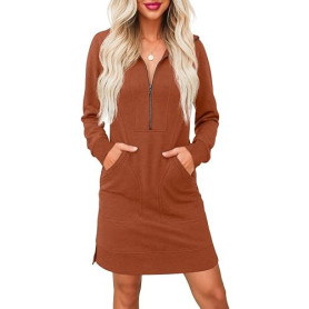 PrinStory Robe pull pour femme à manches longues, demi-fermeture éclair et col en V avec poches latérales