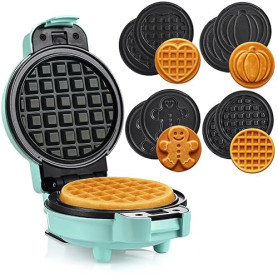 LEHMANN Mini Gaufrier avec Plaques Interchangeables, 4 Rond Formes : Cœur, Classique, Citrouille, Pain d’Épices, Revêtement Anti