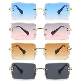 HTTDSLF 4 Pièces Lunettes de Soleil Rectangulaires pour Hommes et Femmes, LLunettes de Soleil Vintage, Sans Monture Lunettes de