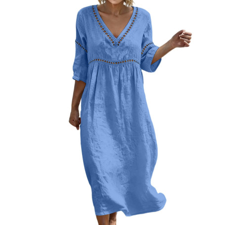 Générique Robe Coton Lin pour Femme Été Fluide Manche 7/8 Chic et Elegant Robes Col V Décontractée Grande Taille Robes Couleur U