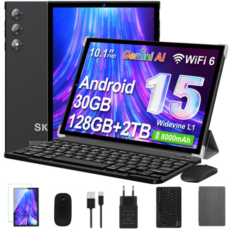 Tablette 10 pouces Android 15 avec Gemini AI, 30 Go RAM+ 128 Go ROM+ 2 To d'extension, WiFi 6, Widevine L1, octa-core, 8000 mAh,