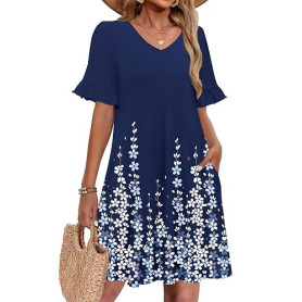 Zeagoo Robe trapèze d'été avec col en V et manches courtes et volants et poches pour femme, taille S à XXL