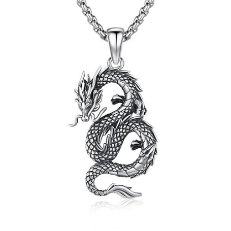 XIXLES Collier dragon en argent sterling 925 oxydé - Pendentif dragon - Bijou animal pour homme