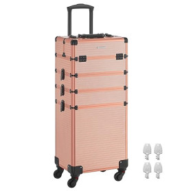 SONGMICS Valise de Maquillage Professionnel 4-en-1, Mallette Cosmétique, XXL, 34 x 24 x 79,3 cm, Verrouillable, Roulettes à 360°