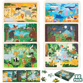 BONNYCO Puzzle Bois Enfant 6 Ensembles 24 Pcs, Animaux de Différents Écosystèmes. Puzzle 3-8 Ans avec Plateau, Jouet Educatif. C