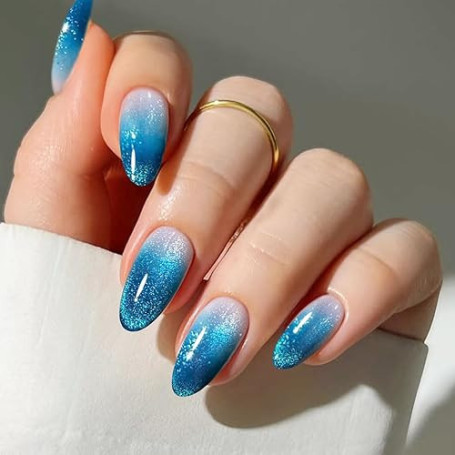 JMEOWIO Autocollant Ongles Gel UV Dégradé Bleu œil de Chat Gel Nail Art Stickers Semi-durci Stickers Ongle Deco Ongle Design Man