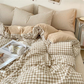 Michorinee Housse de Couette Carreaux Vichy 220x240 Beige Marron - Parure de Lit Adulte 2 Personnes en Microfibre - Linge de Lit