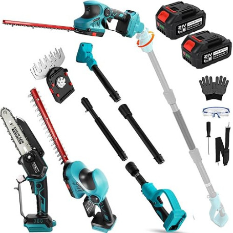 6 en 1 Taille-haie/tronçonneuse avec rallonge de 2 m, 2 Batteries de 4000 mAh, Lames Longue et Courte (30 cm / 15 cm) + tronçonn