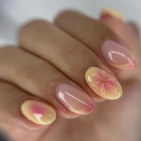 GlamRays Ongles à Presser Courts Amande French Tip Faux Ongles Faux Ongles avec Design Fleur 3D Jaune & Rose Ongles à Coller Bri