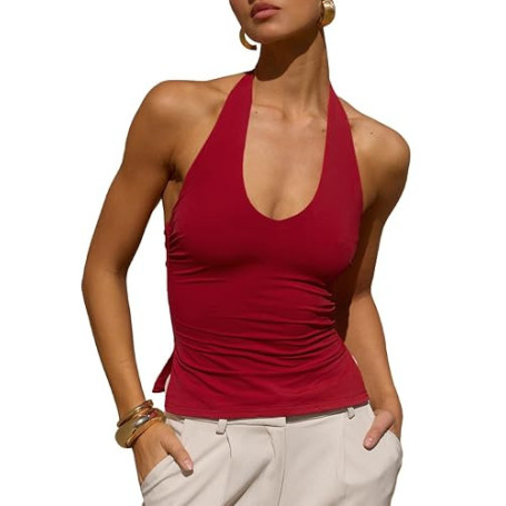 Tankaneo Débardeur sexy pour femme - Col rond - Dos nu - Crop top d'été froncé - Coupe ajustée | Col rond, Dos nu, froncé