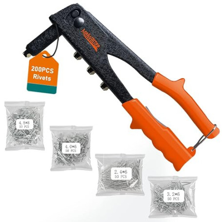 Meiwaltee Pince à rivets avec 200pcs rivets, Professionnelle Robuste 4 en 1 Riveteuse Manuelle - 4 Tailles: 2.4 MM - 3.2 MM - 4.