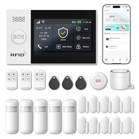 LWOHSI Alarme Maison sans Fil,4G/WiFi Kit Alarme avec écran Tactile 4,3 Pouces,Capteurs De Porte et De Mouvement,Sirène 120 DB,A