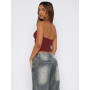 Xiaoliny Débardeur Femme Col en V Sexy Top Halter Dos Nu Haut Chic et Élégant Été Crop Tops Moulant Décontracté T-Shirt sans Man