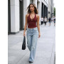 Xiaoliny Débardeur Femme Col en V Sexy Top Halter Dos Nu Haut Chic et Élégant Été Crop Tops Moulant Décontracté T-Shirt sans Man