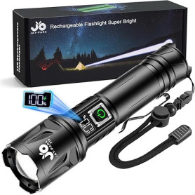 JAY-PARK Lampe Torche LED Ultra Puissante 1000000 Lumens, Rechargeable 5000mAh, Zoom Puissant 3000m, IP67 Étanche, 5 Modes Pour