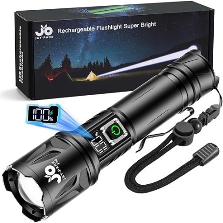 JAY-PARK Lampe Torche LED Ultra Puissante 1000000 Lumens, Rechargeable 5000mAh, Zoom Puissant 3000m, IP67 Étanche, 5 Modes Pour