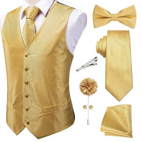 Hi-Tie Ensemble de 5 gilets en soie pour homme avec nœud papillon et boutons de manchette
