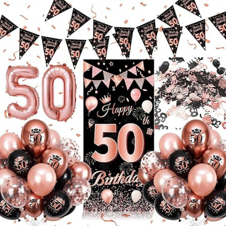 Décoration Anniversaire 50 Ans Femme, Ballons 50 Ans Anniversaire Or Rose et Noir, Toile Affiche, Confetti, Bannière, Ballon 50