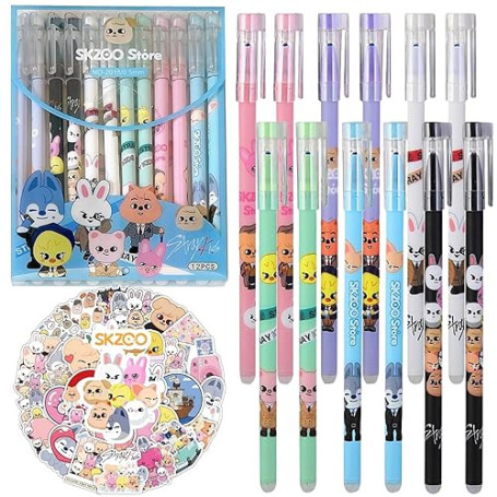 AUNGCSHE 12 Stylo Stray Kids Stylo Effacables, 50 Skzoo Autocollant, 6 Styles Stylo Effacable pour les Fans de Kpop, L'apprentis