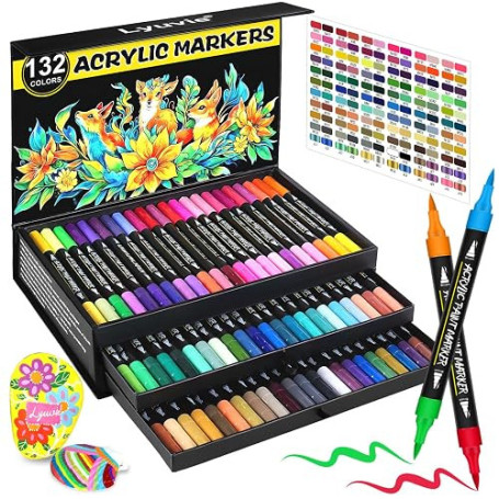 Lyuvie 132 Couleurs Feutre Acrylique,66 Pcs Acrylic Paint Marker Marqueur Peinture Acrylique Pointe Brush pour Roche Tissu Pierr