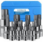 VORXEON Douille Torx Male pour Clef Plate à Oeil T8-T70, 13 Pièces Coffret Avec Entraînement 1/4" 3/8" 1/2" Embout Étoile pour A