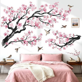 wondever Stickers Muraux Grand Branche de Fleurs Rose Autocollants Muraux Mural Stickers Cerisier Floral Branche Arbre Oiseaux p
