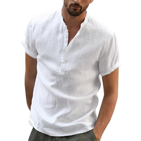 YAOBAOLE Chemise Lin Homme Manche Courte Chemise Col Mao Homme Été Casual Henley T Shirt