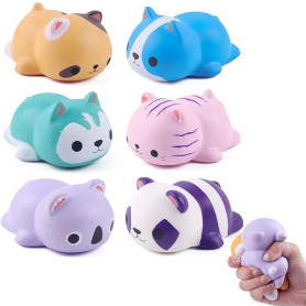 ANBOOR Lot de 6 Squishies en mousse - Jouets en forme d'animaux - Chat, Chien, Koala, Panda - Jouets à décompression lente pour