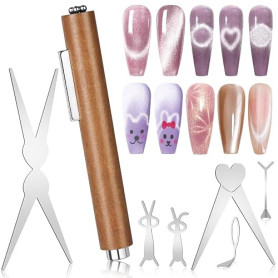 BUTBU Aimant à ongles 3 en 1 avec manche en bois, aimant œil de chat, 7 Pièces Aimant Cat Eyes Ongles Ensemble, Outil Polyvalent