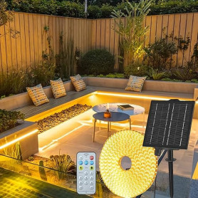 Gaoxun Solaire Ruban LED Exterieur, 15m Flexible Bande LED Exterieure Autocollante avec Télécommande, Dimmable, 8 Mode, 960 LED,